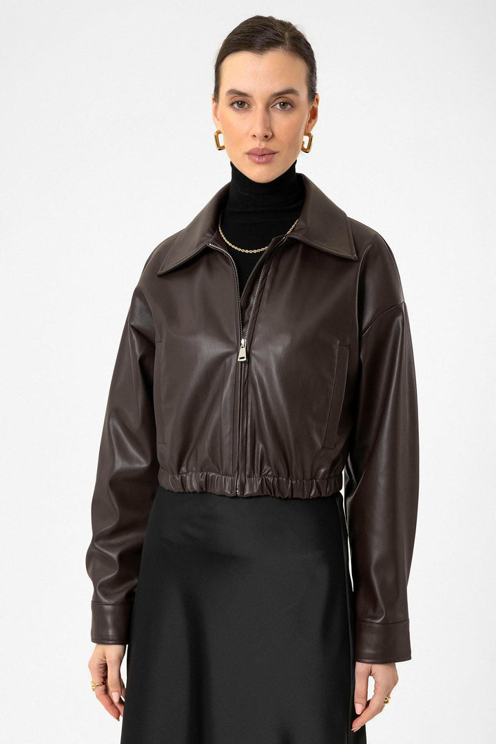 ANT Antioch Coffee Women's Faux Leather Jacket with Elastic Waistband - Tempe