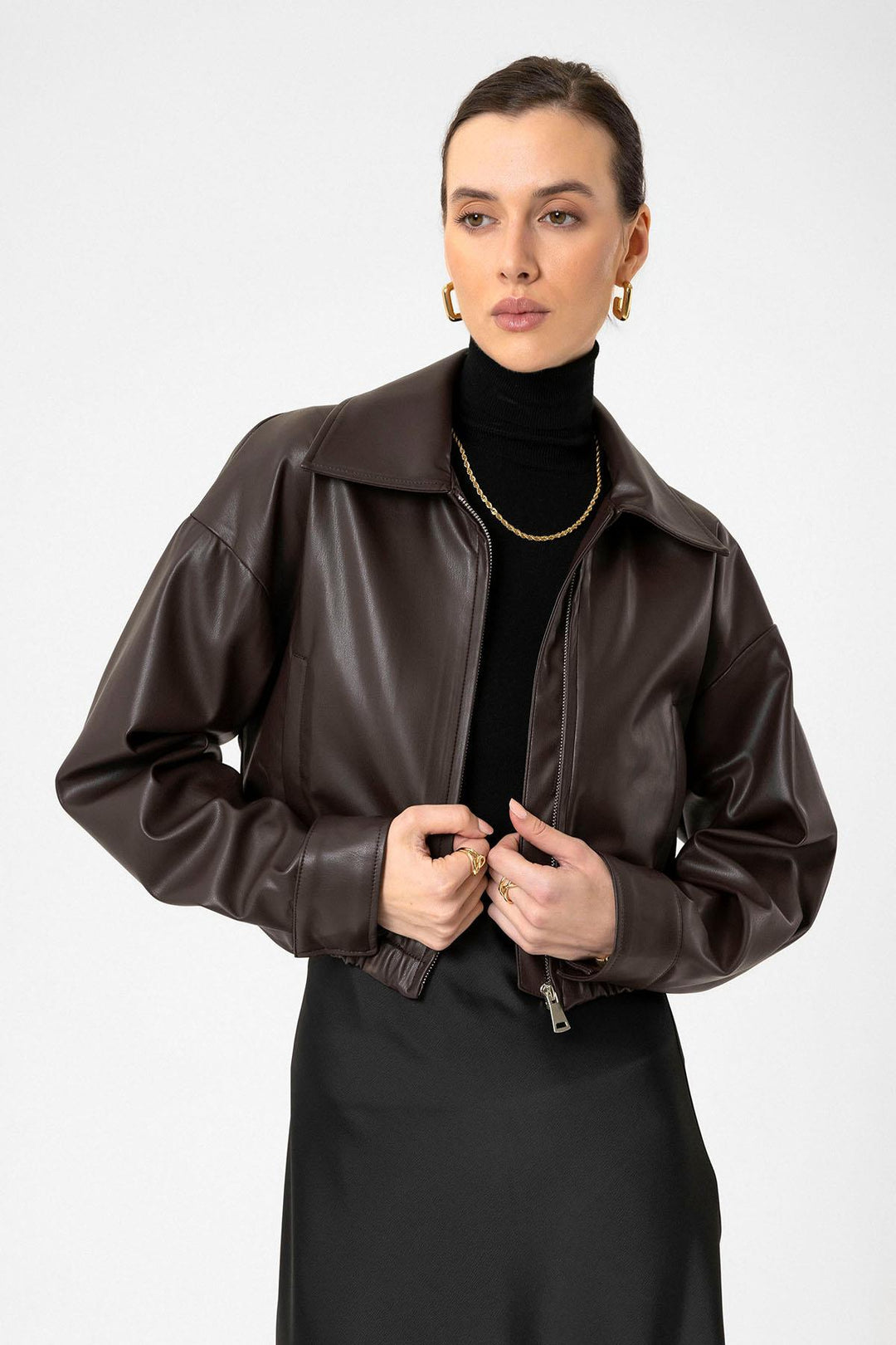 ANT Antioch Coffee Women's Faux Leather Jacket with Elastic Waistband - Tempe
