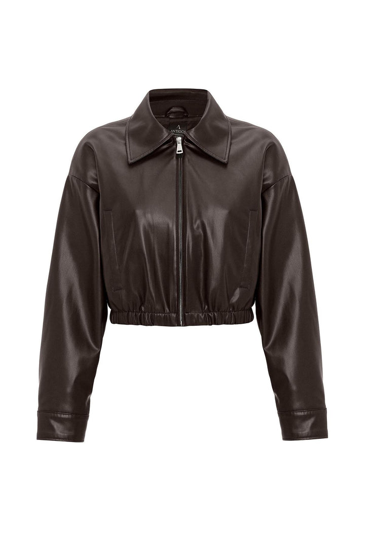 ANT Antioch Coffee Women's Faux Leather Jacket with Elastic Waistband - Tempe
