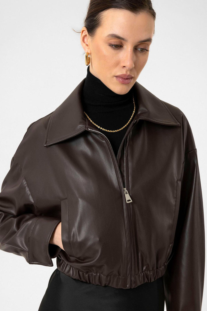 ANT Antioch Coffee Women's Faux Leather Jacket with Elastic Waistband - Tempe