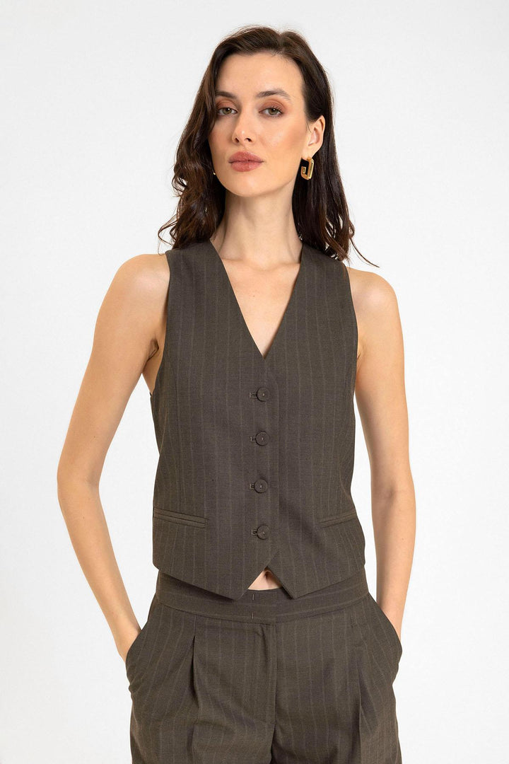 ANT Antioch Kahve Kadın Çizgili Düğme Kapama Yelek - Teijlingen