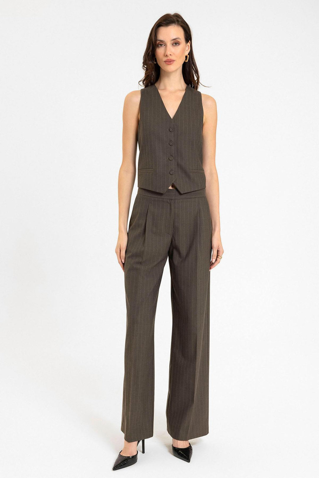ANT Antioch Coffee Woman Striped Button Closure Vest - Noblesville