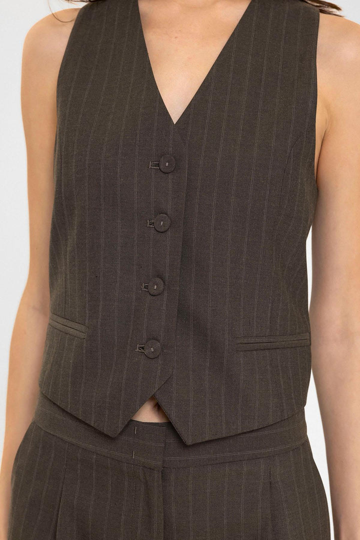 ANT Antioch Coffee Woman Striped Button Closure Vest - Noblesville