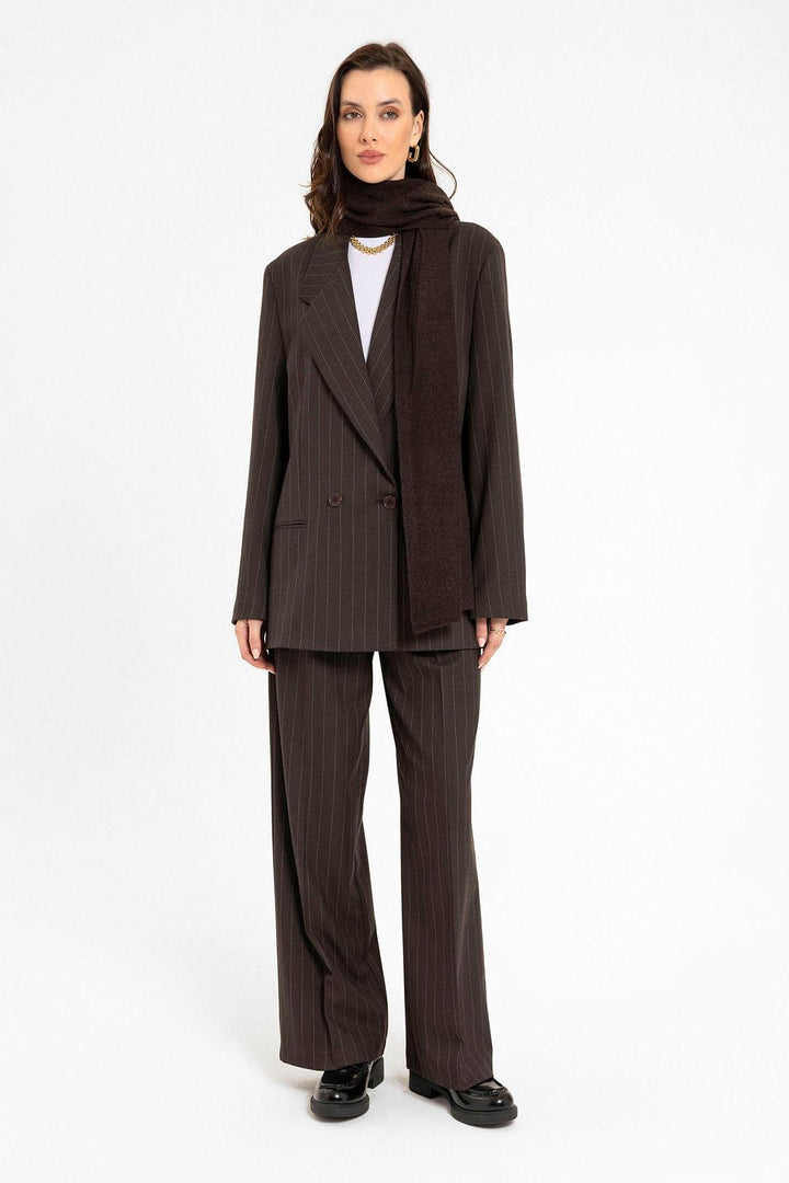 ANT Antioch Kahve Kadın Çizgili Oversize Blazer Ceket - Radebeul