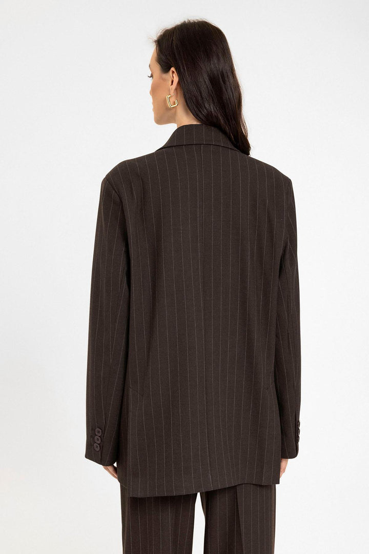 ANT Antioch Kahve Kadın Çizgili Oversize Blazer Ceket - Radebeul