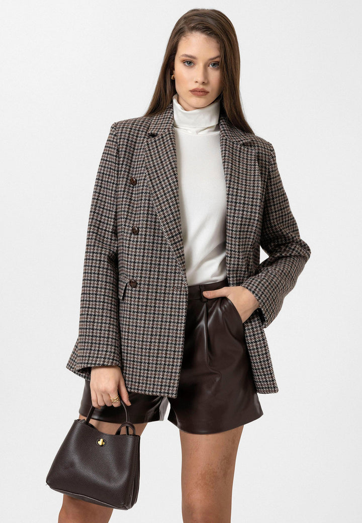 ANT Antioch Coffee Woman Houndstooth Patterned Blazer Jacket - Berwyn