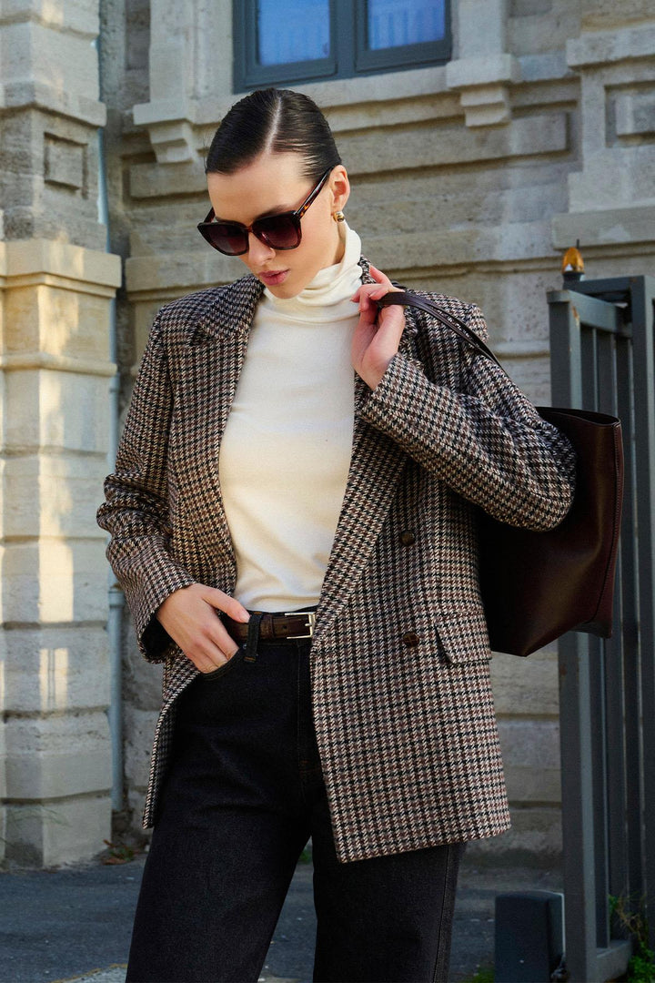 ANT Antioch Coffee Woman Houndstooth Patterned Blazer Jacket - Berwyn