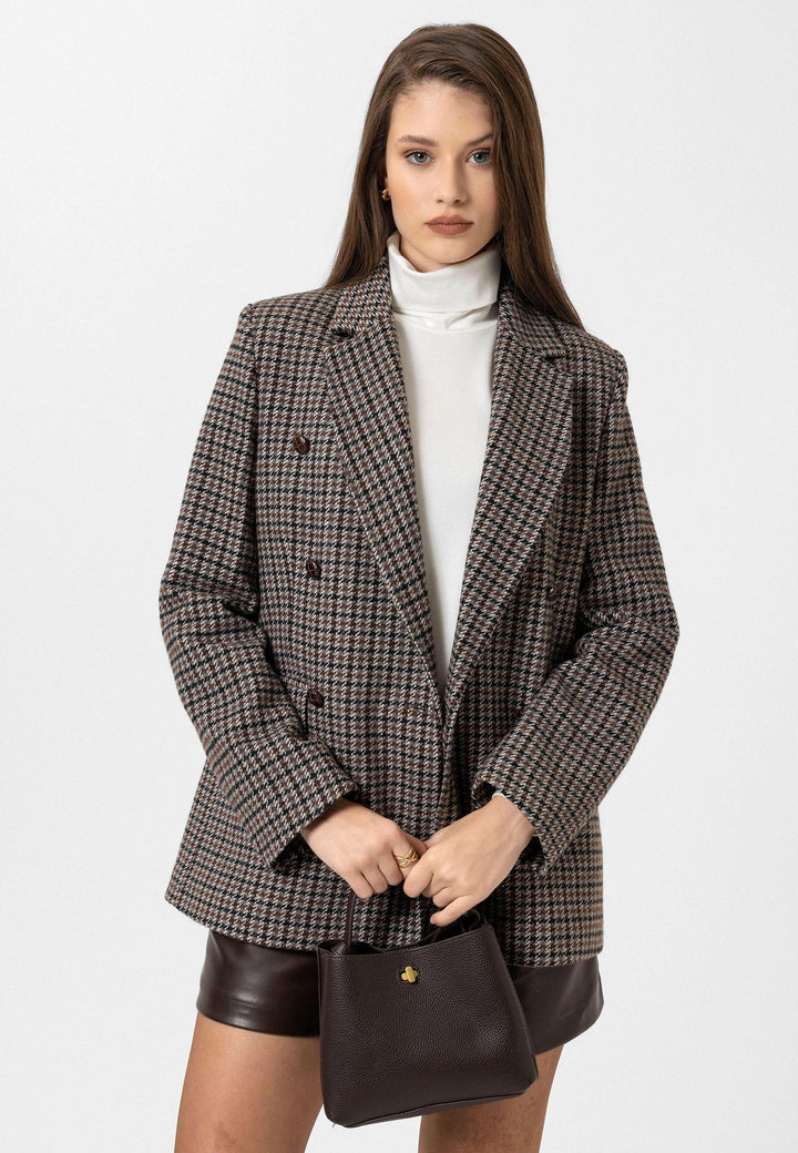 ANT Antioch Coffee Woman Houndstooth Patterned Blazer Jacket - Berwyn