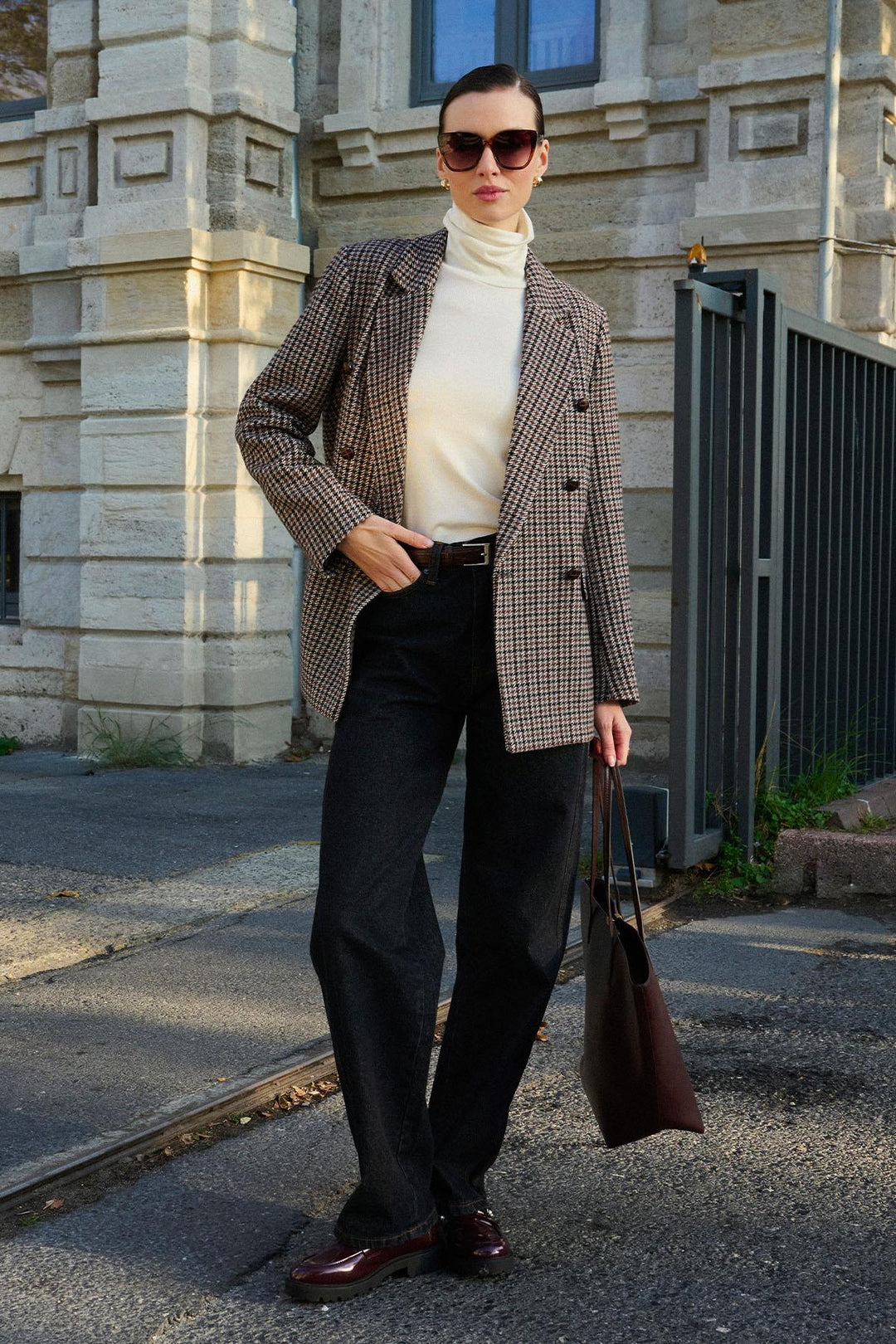 ANT Antioch Coffee Woman Houndstooth Patterned Blazer Jacket - Berwyn