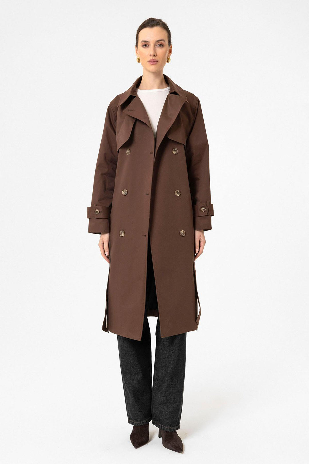 ANT Antioch Coffee Women's Wrap Closure Belted Trench Coat - Bourg-en-Bresse