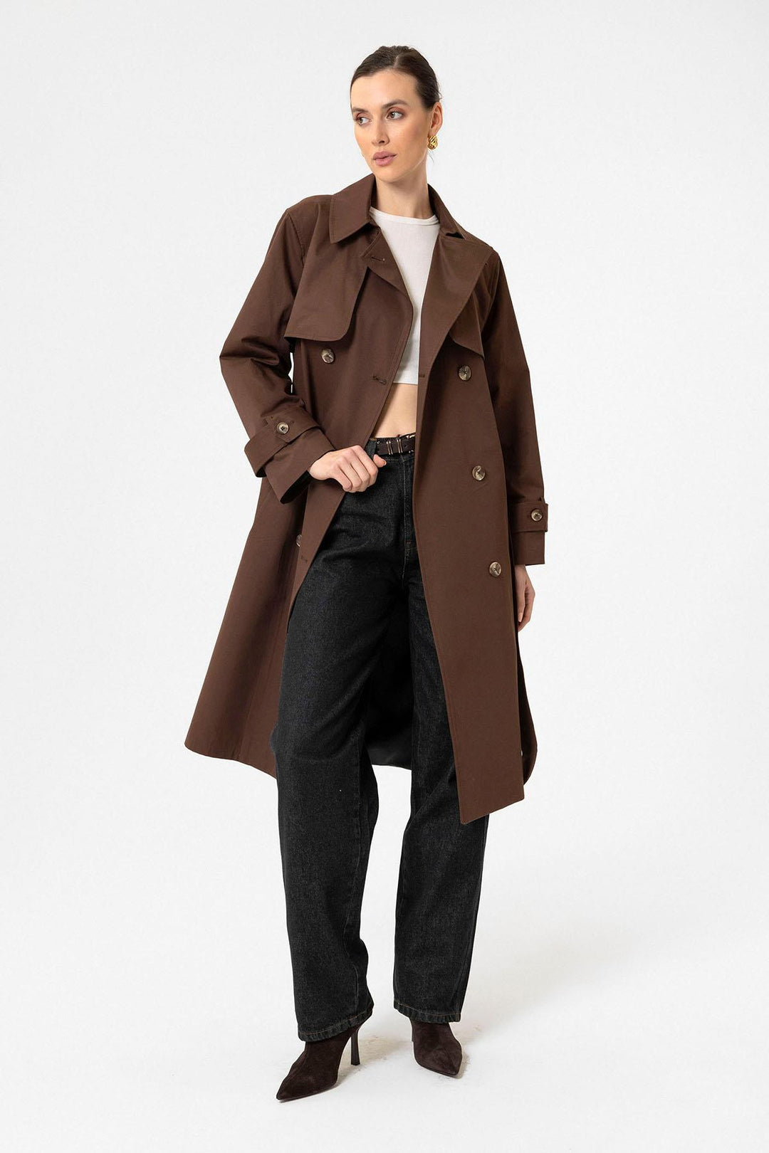 ANT Antioch Coffee Women's Wrap Closure Belted Trench Coat - Bourg-en-Bresse