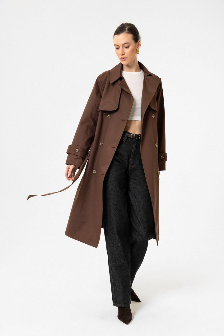ANT Antioch Coffee Women's Wrap Closure Belted Trench Coat - Bourg-en-Bresse