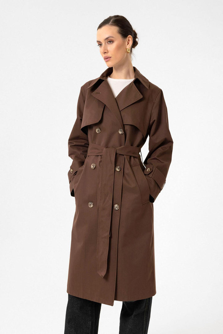 ANT Antioch Coffee Women's Wrap Closure Belted Trench Coat - Bourg-en-Bresse