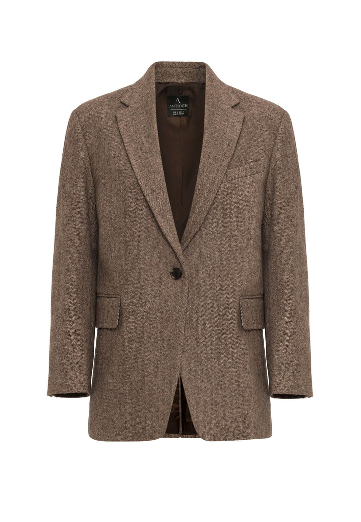 ANT Antioch Coffee Woman Relax Fit Herringbone Patterned Blazer Jacket - Alhaurín de la Torre