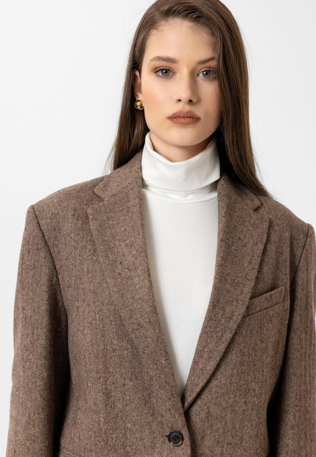 ANT Antioch Coffee Woman Relax Fit Herringbone Patterned Blazer Jacket - Alhaurín de la Torre