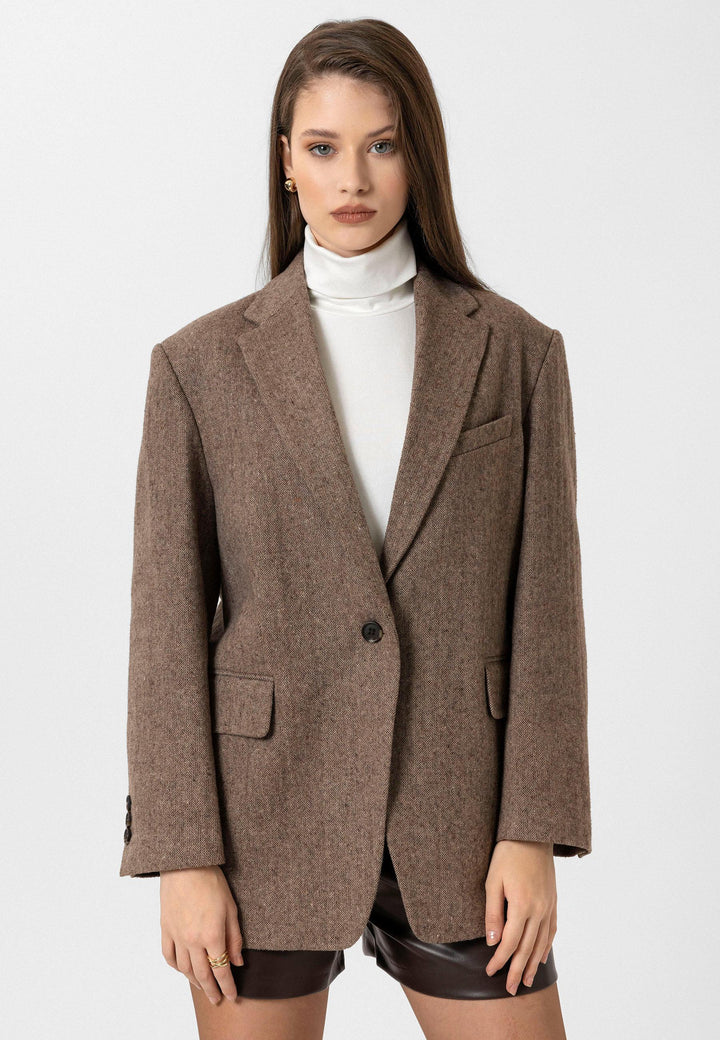 ANT Antioch Coffee Woman Relax Fit Herringbone Patterned Blazer Jacket - Alhaurín de la Torre