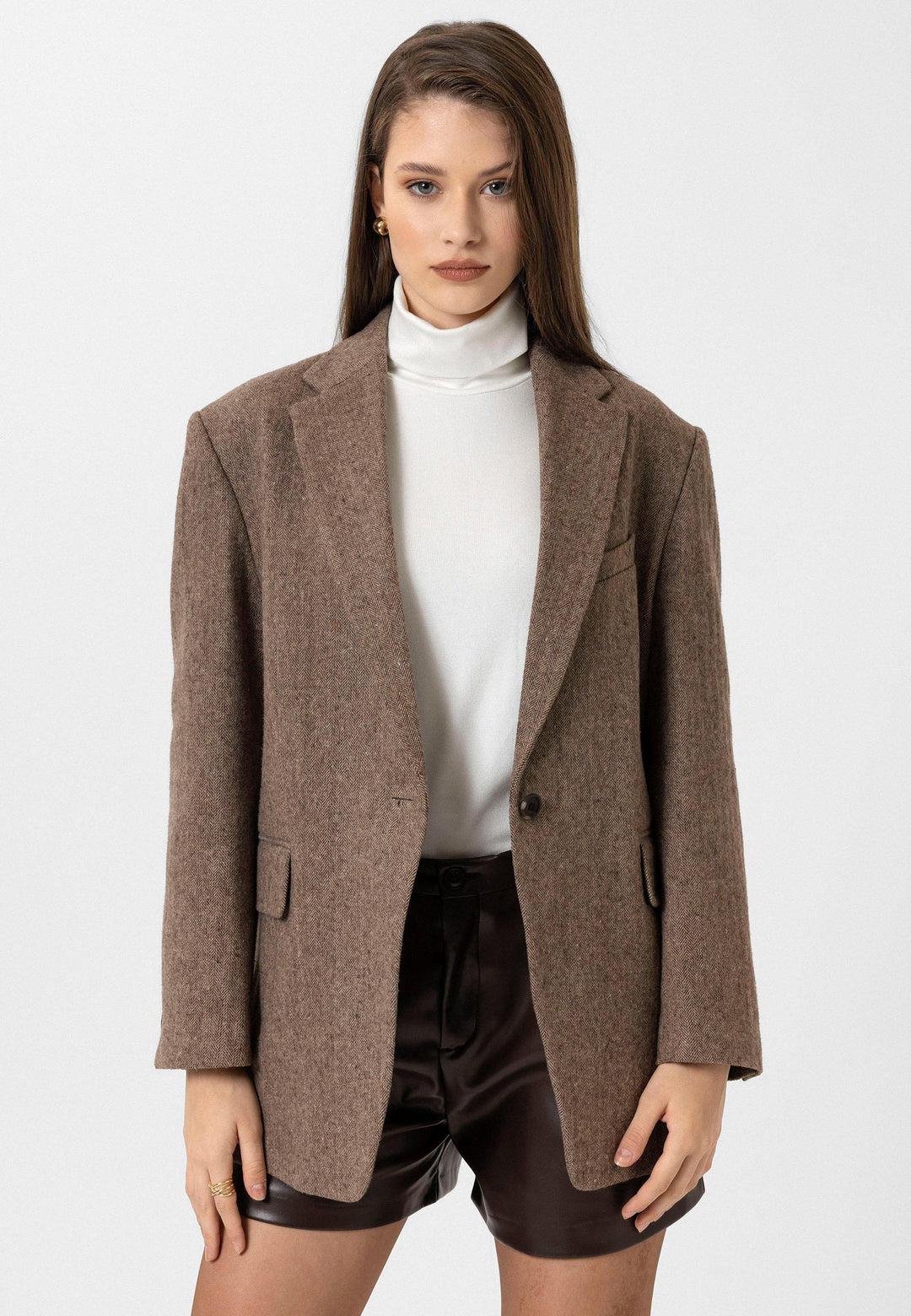 ANT Antioch Coffee Woman Relax Fit Herringbone Patterned Blazer Jacket - Alhaurín de la Torre