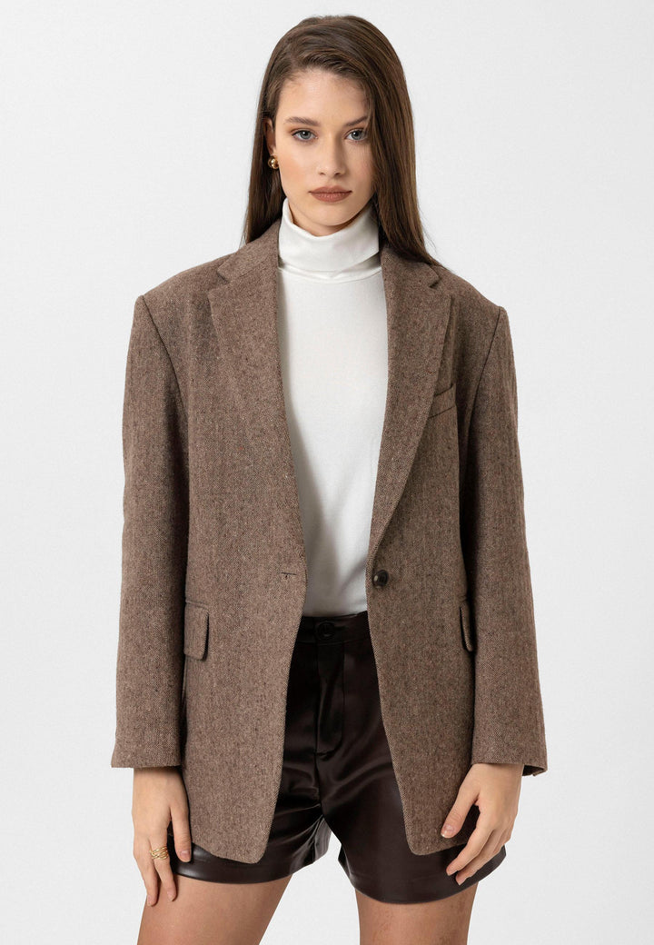 ANT Antioch Coffee Woman Relax Fit Herringbone Patterned Blazer Jacket - Alhaurín de la Torre