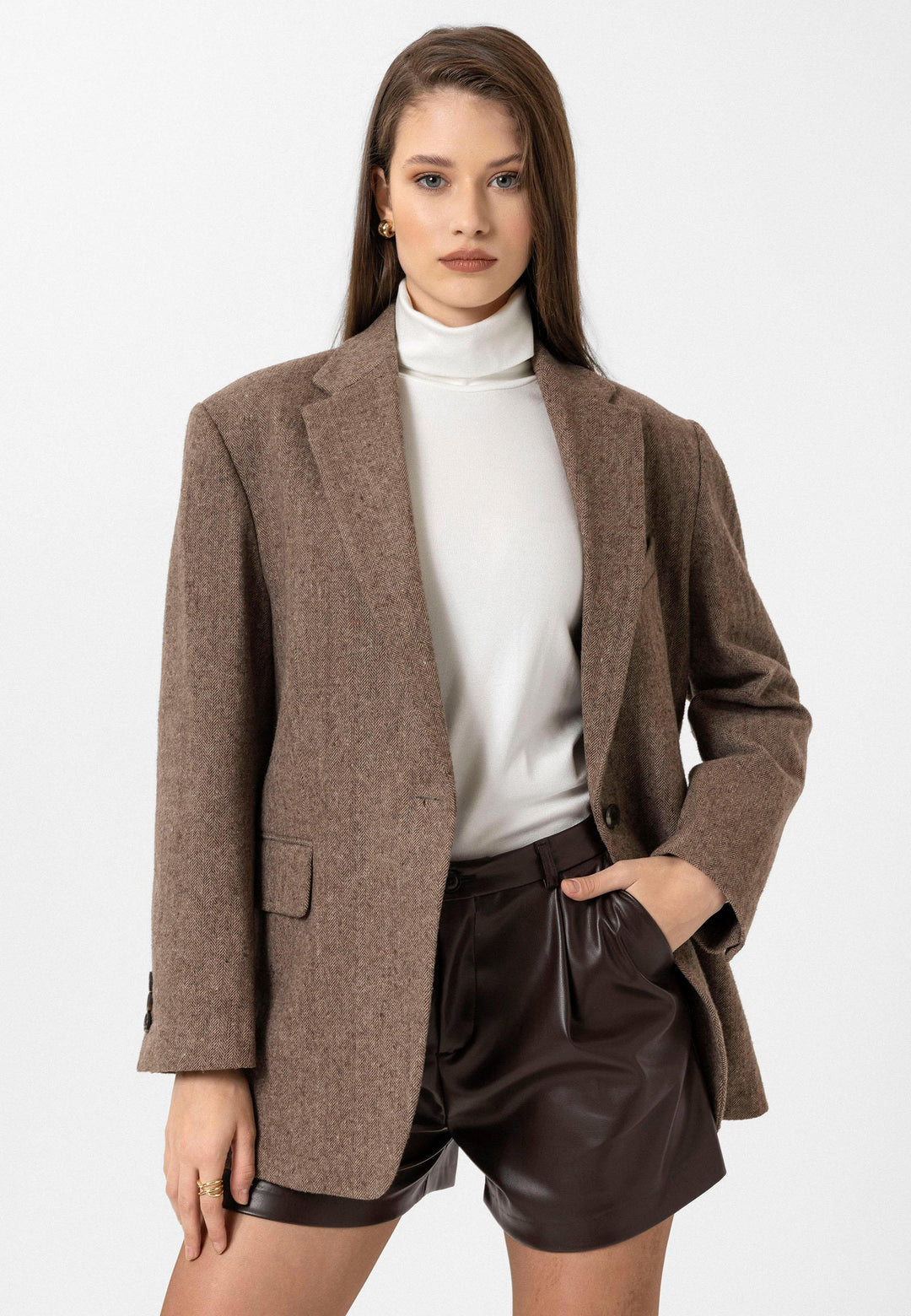 ANT Antioch Coffee Woman Relax Fit Herringbone Patterned Blazer Jacket - Alhaurín de la Torre