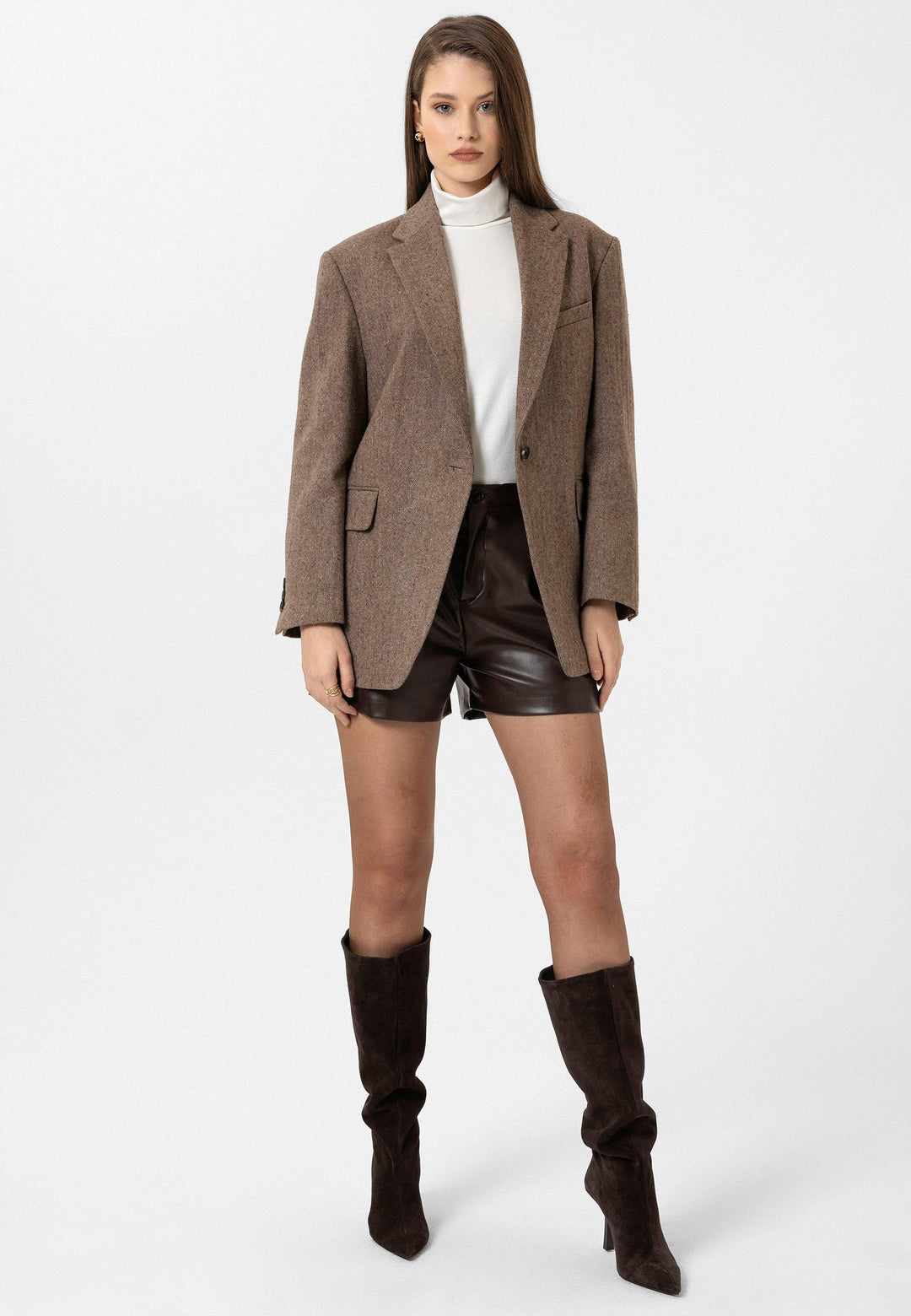 ANT Antioch Coffee Woman Relax Fit Herringbone Patterned Blazer Jacket - Alhaurín de la Torre