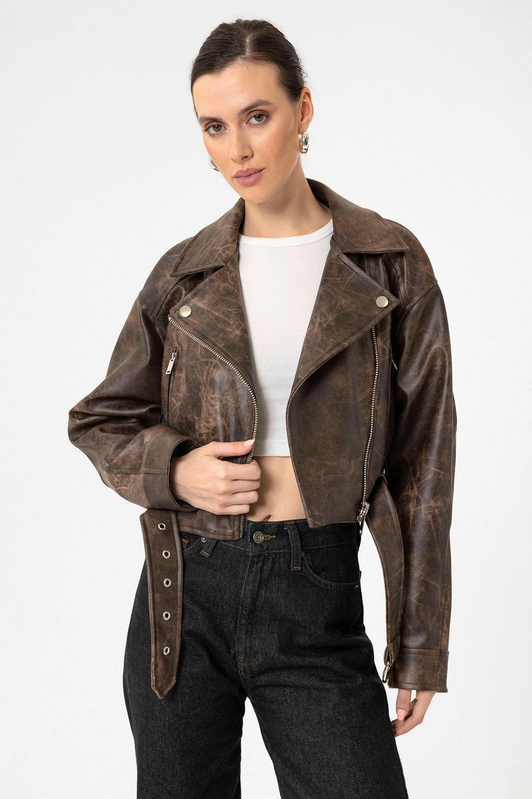 ANT Antioch Coffee Women's Faux Leather Crop Biker Jacket - Wageningen