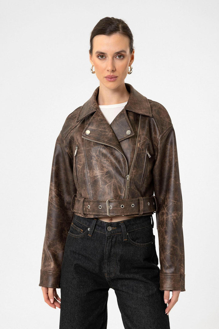 ANT Antioch Coffee Women's Faux Leather Crop Biker Jacket - Wageningen