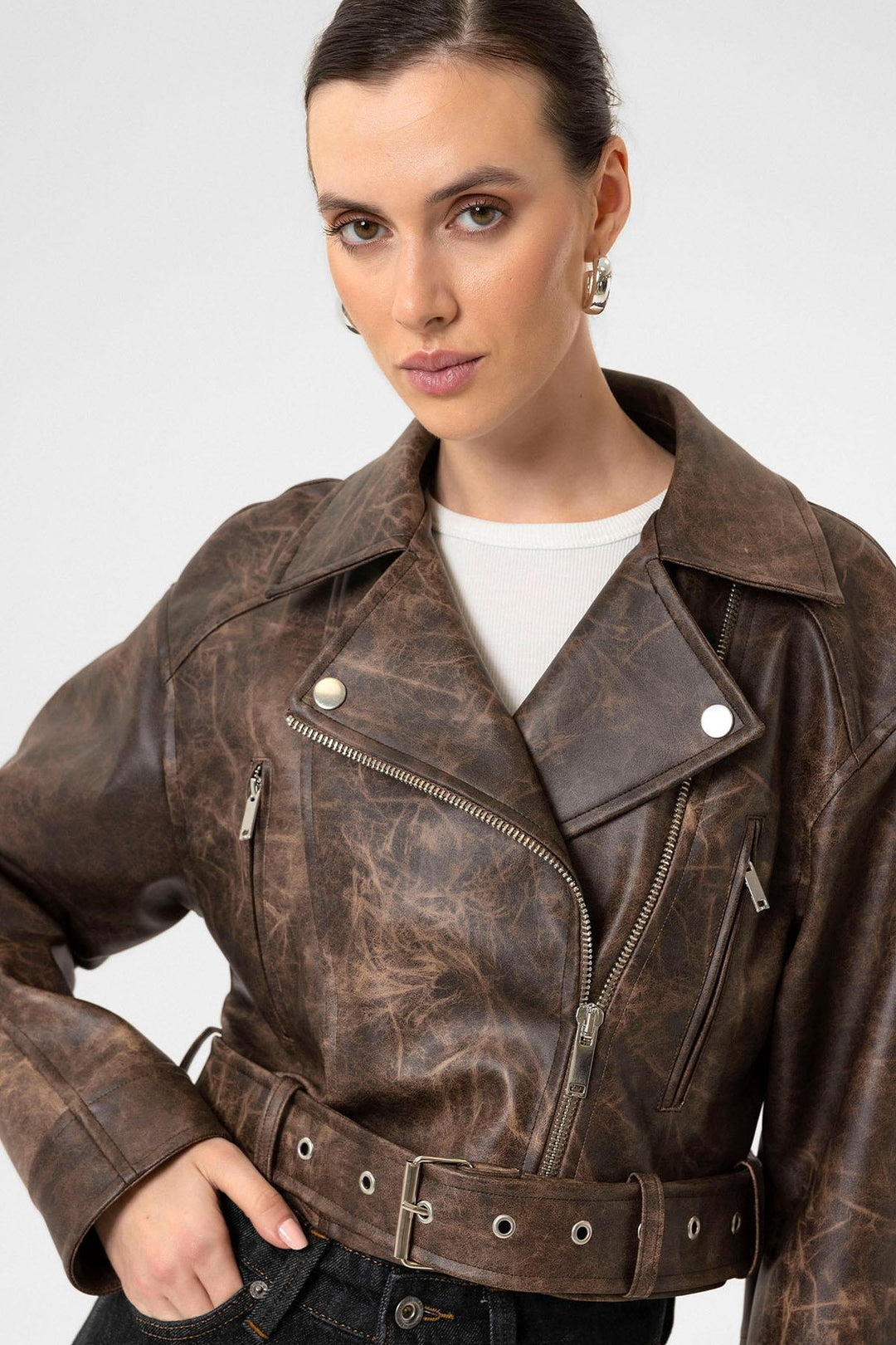 ANT Antioch Coffee Women's Faux Leather Crop Biker Jacket - Wageningen