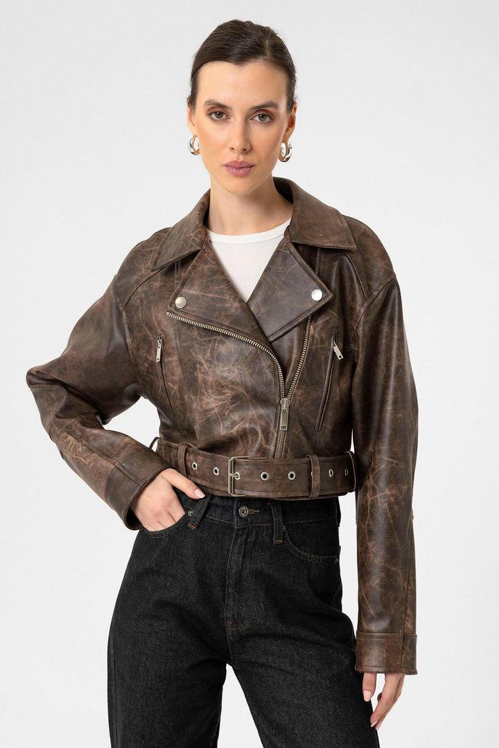 ANT Antioch Coffee Women's Faux Leather Crop Biker Jacket - Wageningen