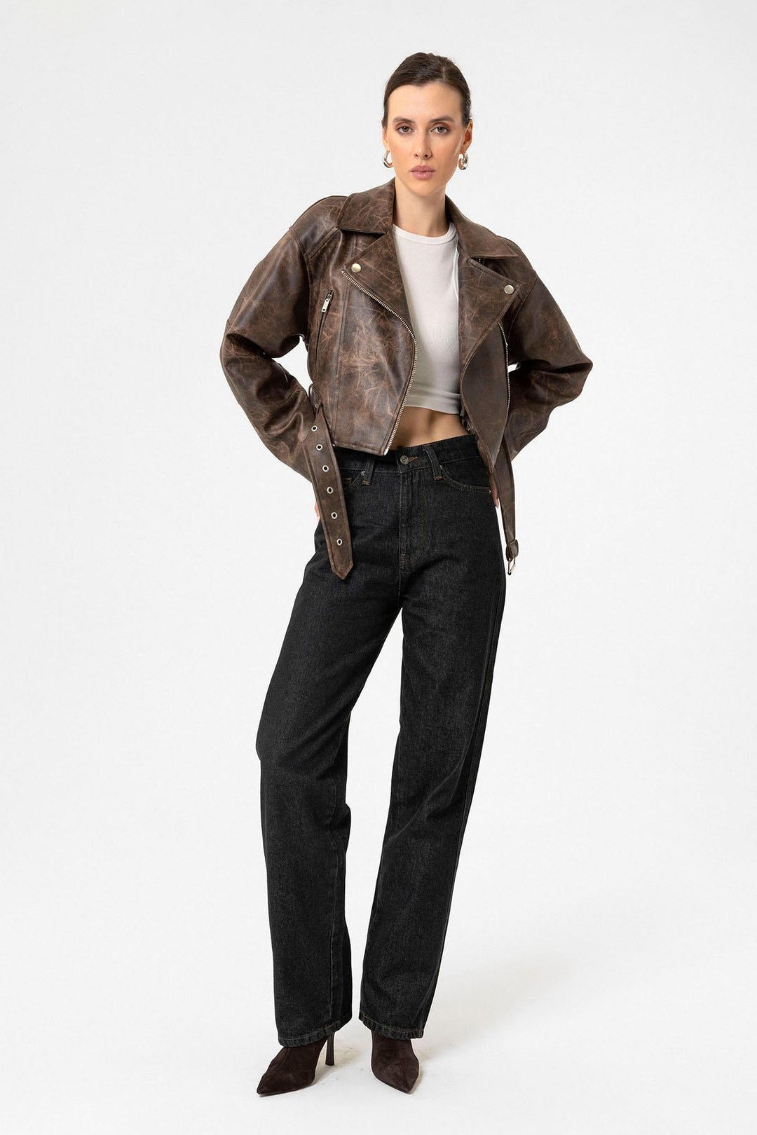 ANT Antioch Coffee Women's Faux Leather Crop Biker Jacket - Wageningen
