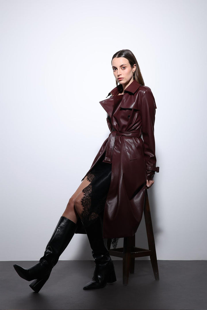ANT Antioch Coffee Women's Faux Leather Belted Trench Coat - Lozova