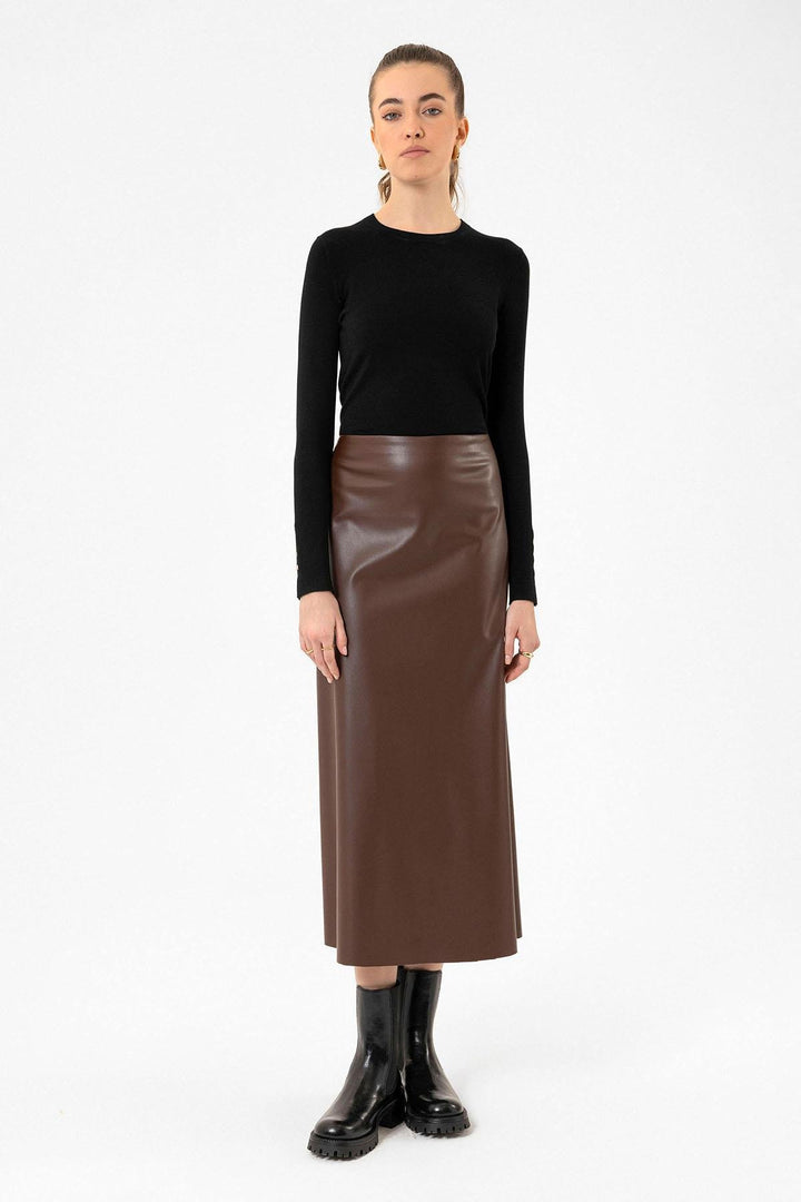 ANT Antioch Coffee Woman Faux Leather Midi Skirt - Boulder