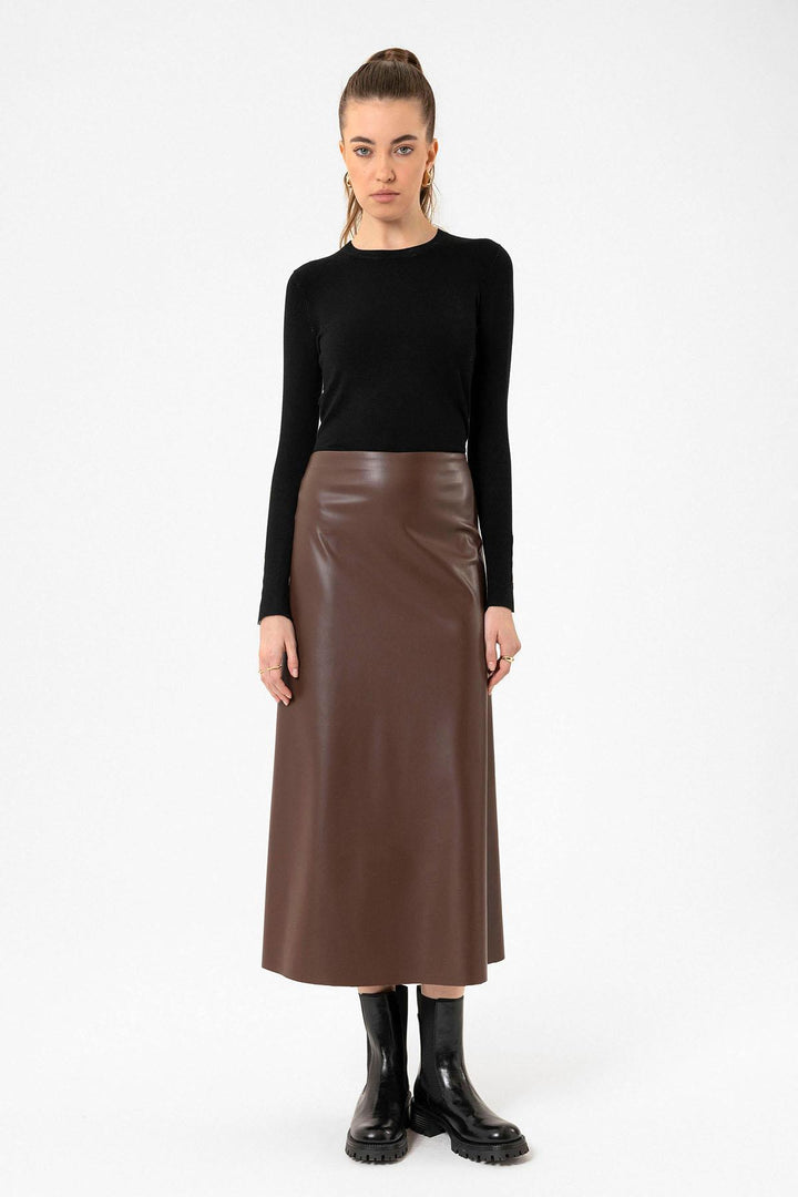 ANT Antioch Coffee Woman Faux Leather Midi Skirt - Boulder