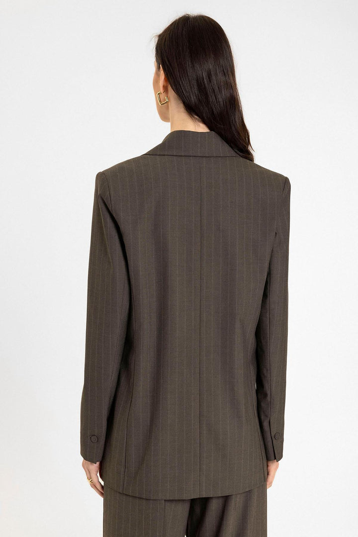 ANT Antioch Kahve Kadın Tek Düğme Çizgili Blazer Ceket - Marburg