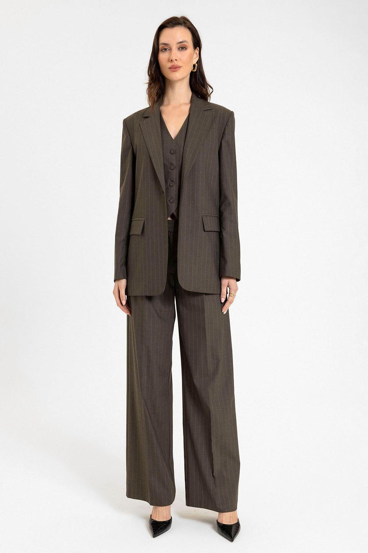 ANT Antioch Kahve Kadın Tek Düğme Çizgili Blazer Ceket - Marburg