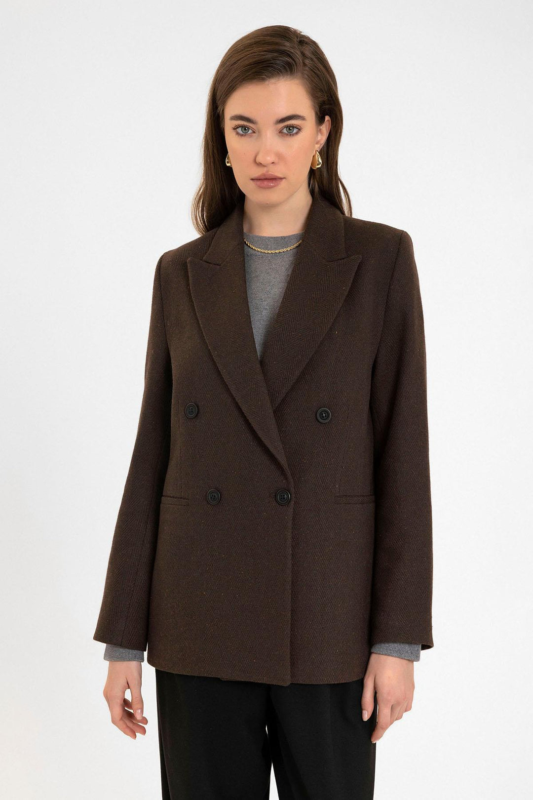 ANT Antioch Coffee Woman Wool Blend Herringbone Patterned Blazer Jacket - Crewe