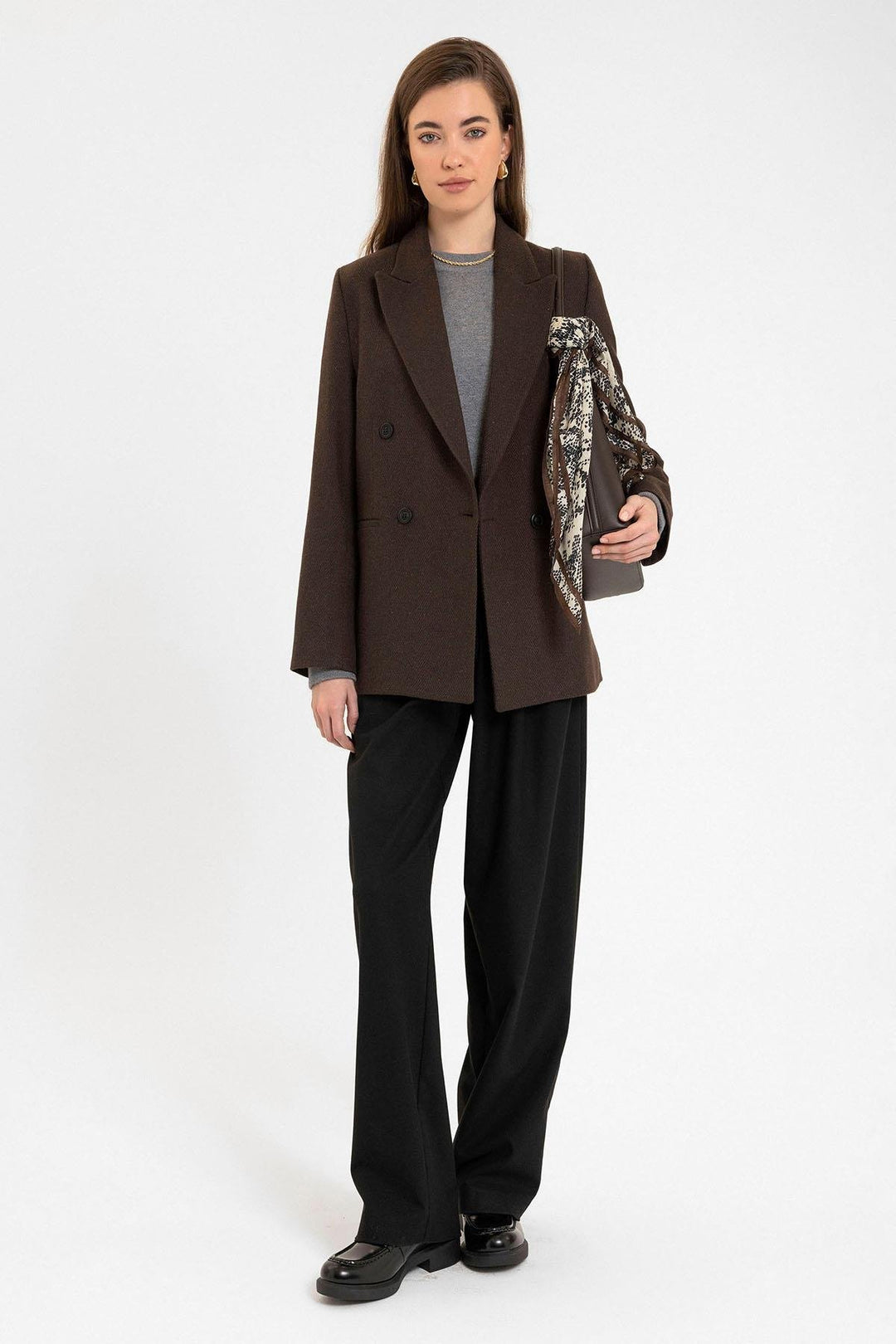 ANT Antioch Coffee Woman Wool Blend Herringbone Patterned Blazer Jacket - Crewe