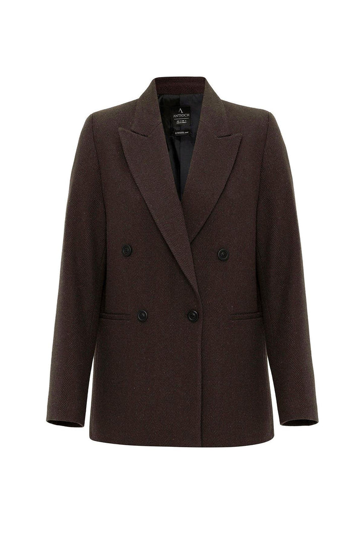 ANT Antioch Coffee Woman Wool Blend Herringbone Patterned Blazer Jacket - Crewe