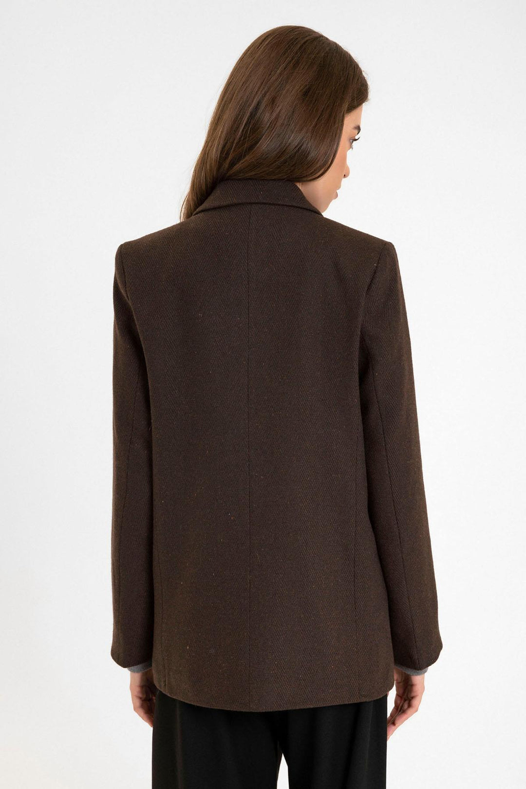 ANT Antioch Coffee Woman Wool Blend Herringbone Patterned Blazer Jacket - Crewe