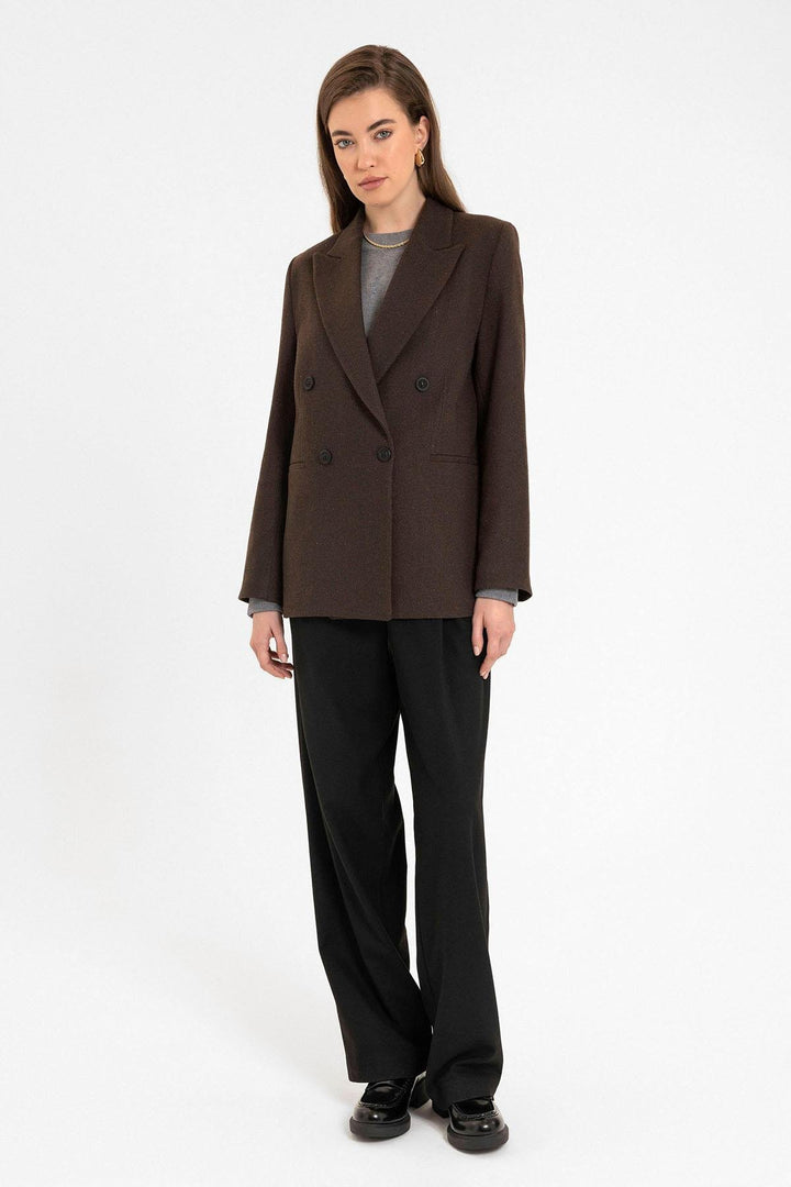 ANT Antioch Coffee Woman Wool Blend Herringbone Patterned Blazer Jacket - Crewe
