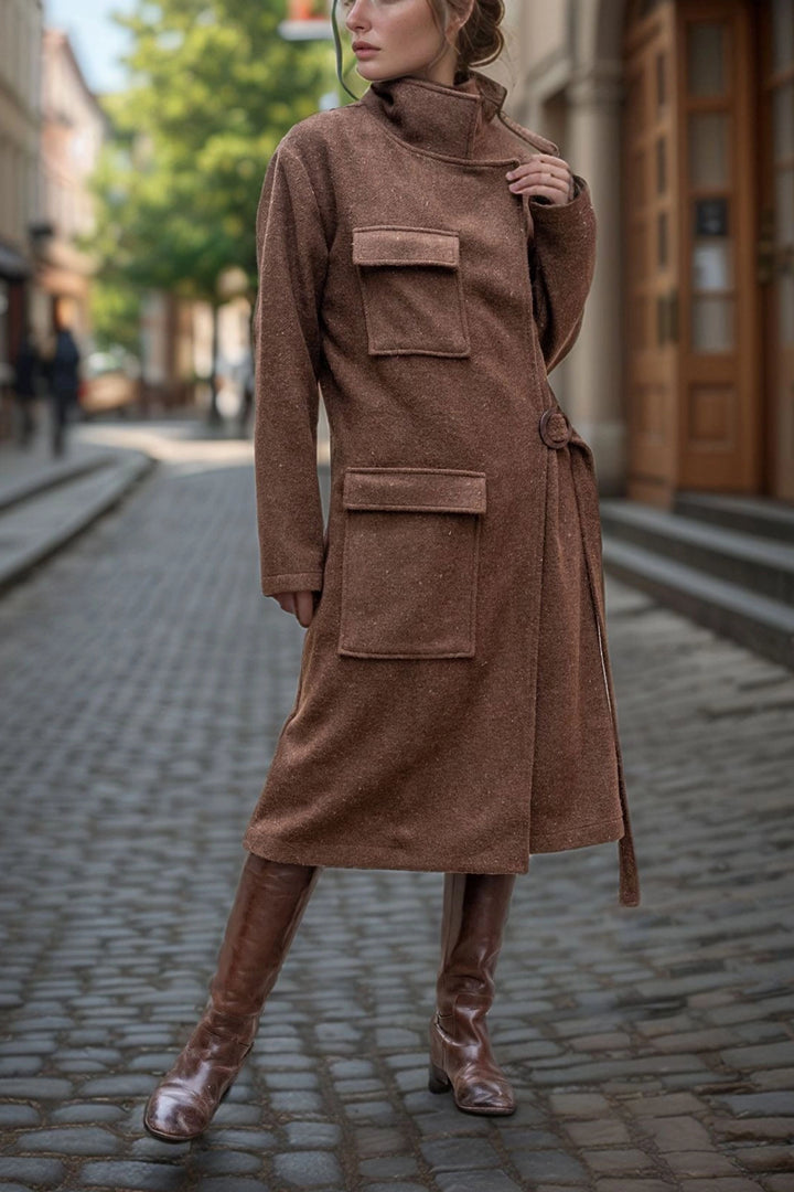 BCBSK-25700-3318 Coffee Coffee Covered Pocket Self-Belted Buckled Stand Collar Coat - La Courneuve
