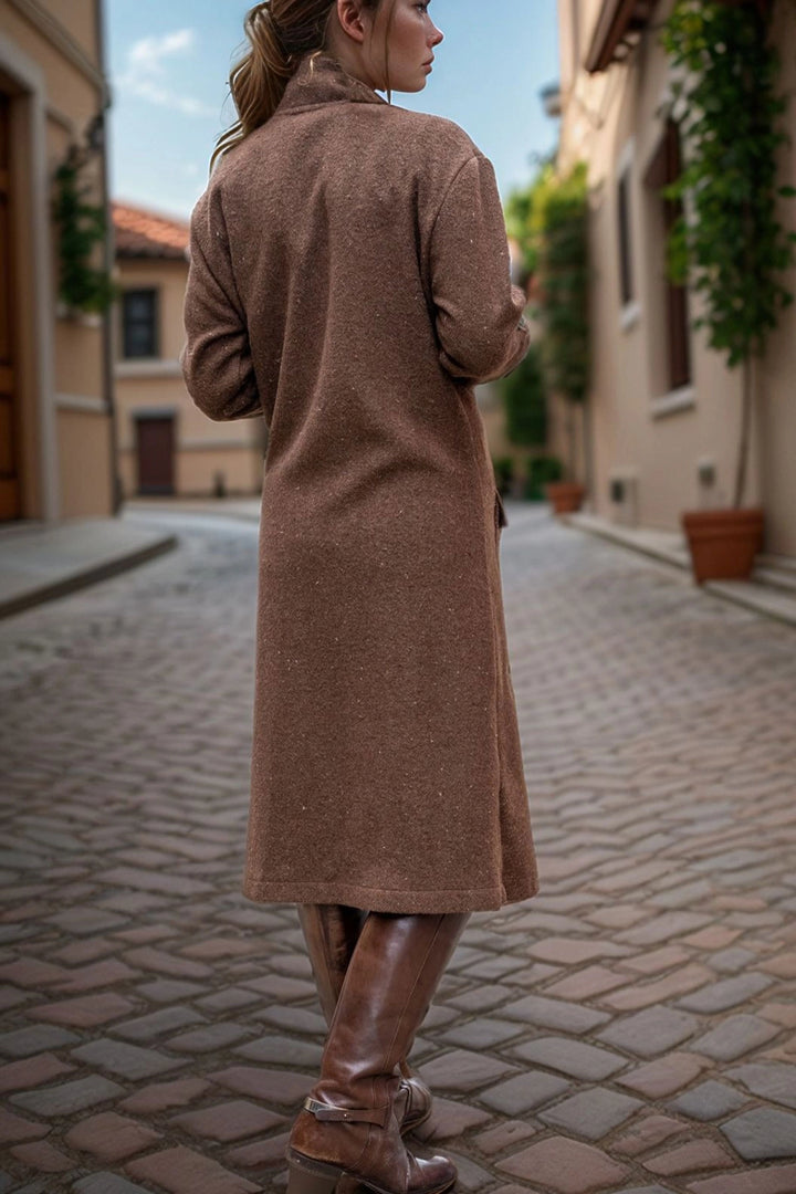 BCBSK-25700-3318 Coffee Coffee Covered Pocket Self-Belted Buckled Stand Collar Coat - La Courneuve