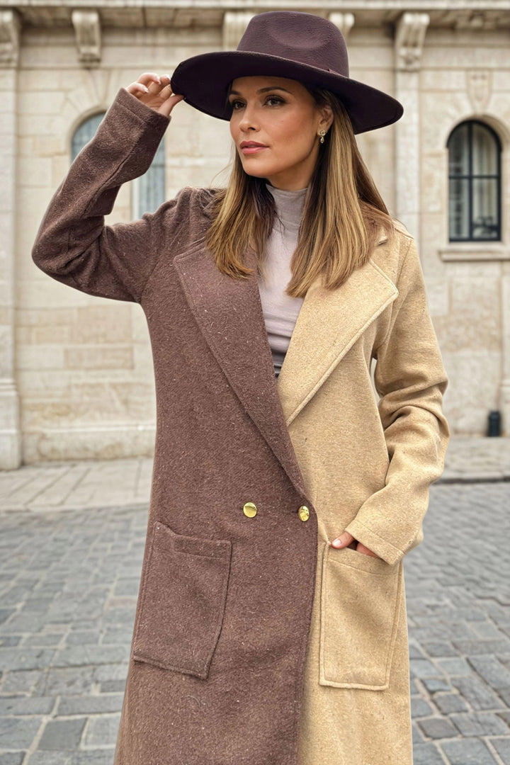 Coffee Kahvebej Stamp Color Block Buttoned Pocketed Coat BCBSK-25700-3320 - Sydney