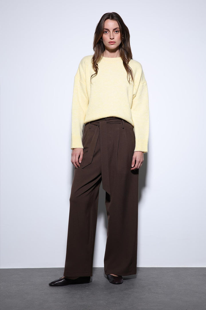 ANT Antioch Coffee Belted Pleated Wide Leg Women's Pants - Carmen