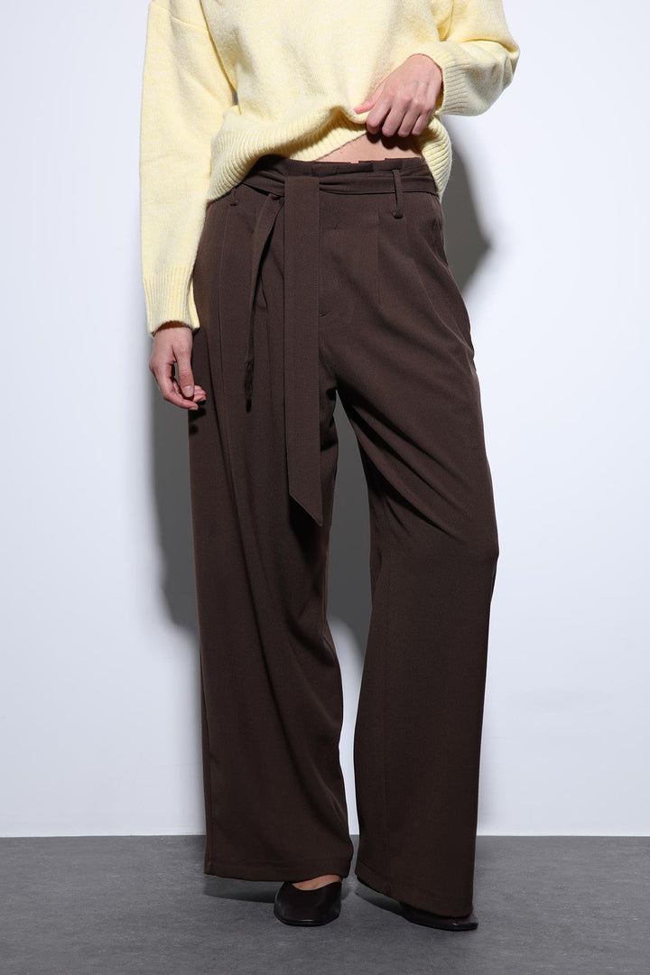 ANT Antioch Coffee Belted Pleated Wide Leg Women's Pants - Carmen