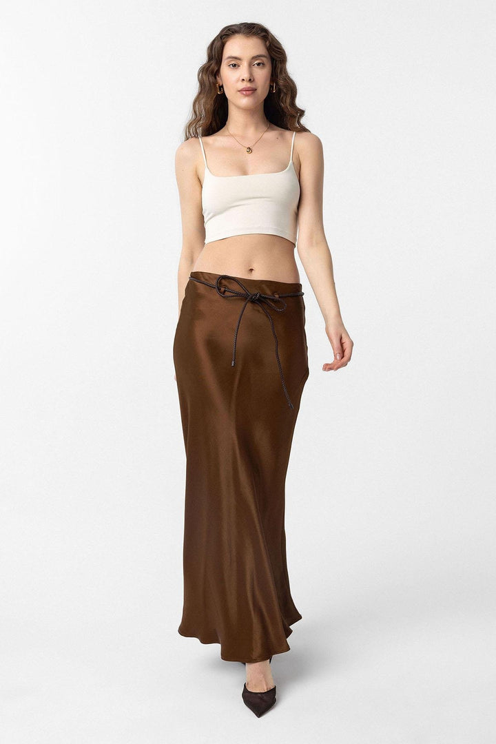 ANT Antioch Coffee Belted Satin Long Women's Skirt - Acilia