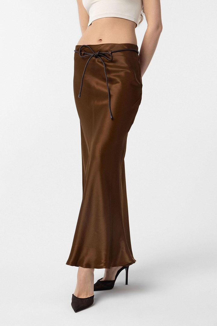 ANT Antioch Coffee Belted Satin Long Women's Skirt - Acilia