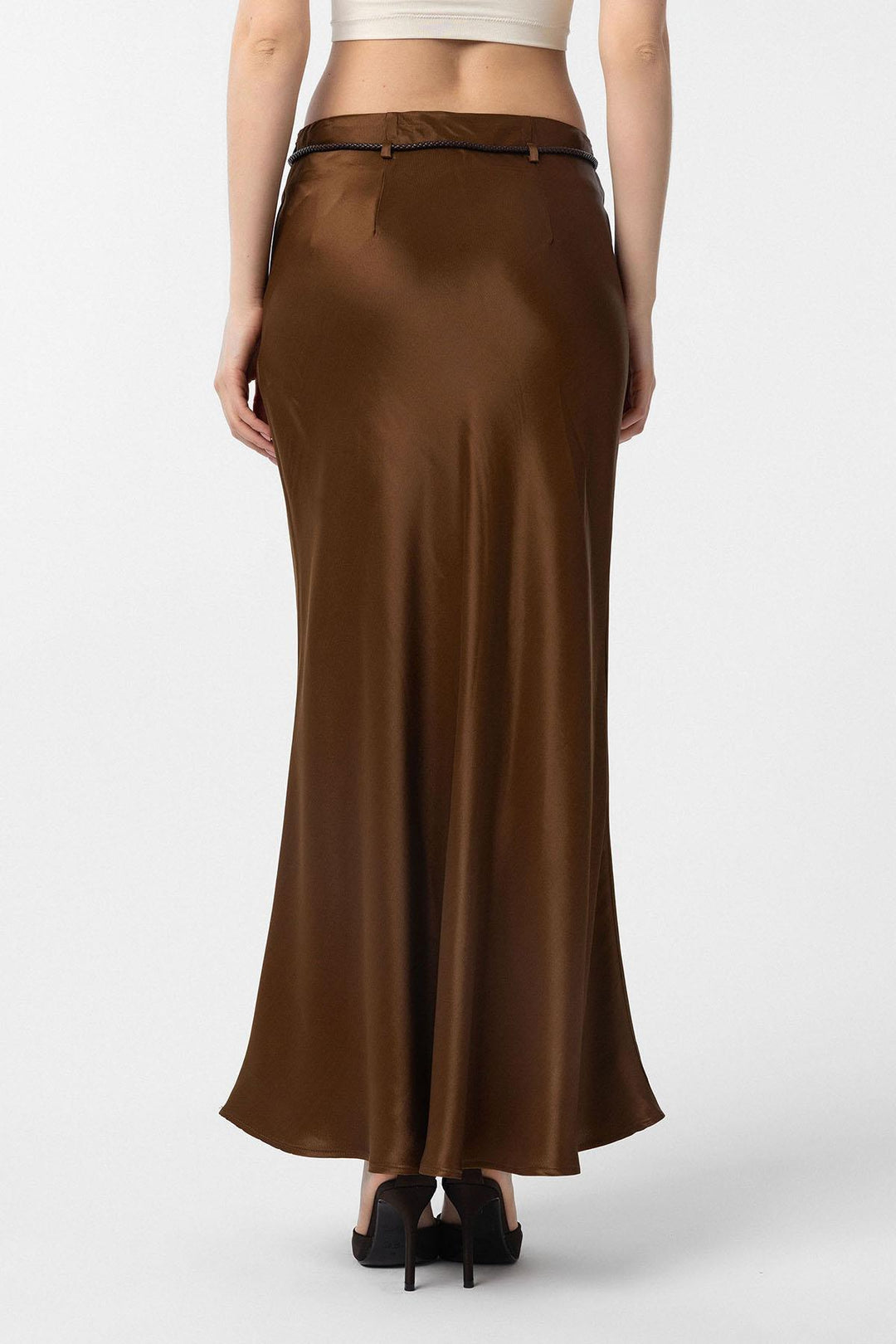 ANT Antioch Coffee Belted Satin Long Women's Skirt - Acilia