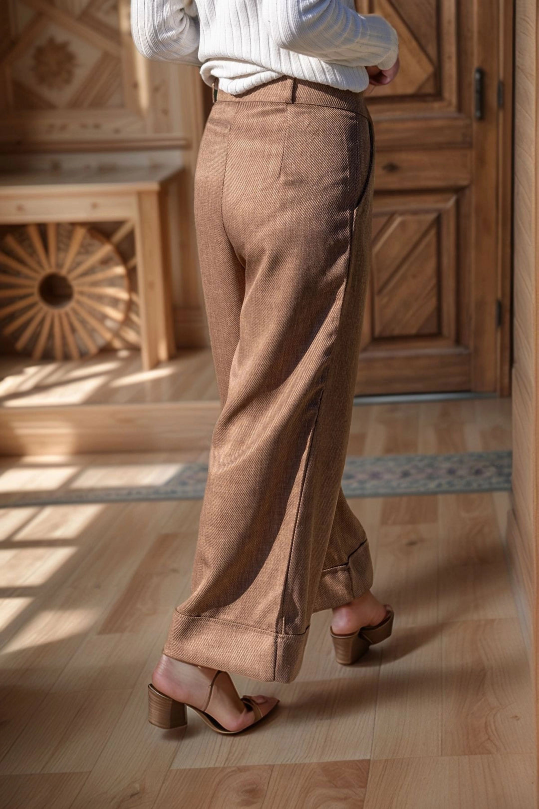 Coffee Self-Textured Double Cuff Pleated Wide Leg Pants BCBSK-25700-3309 - Wenatchee