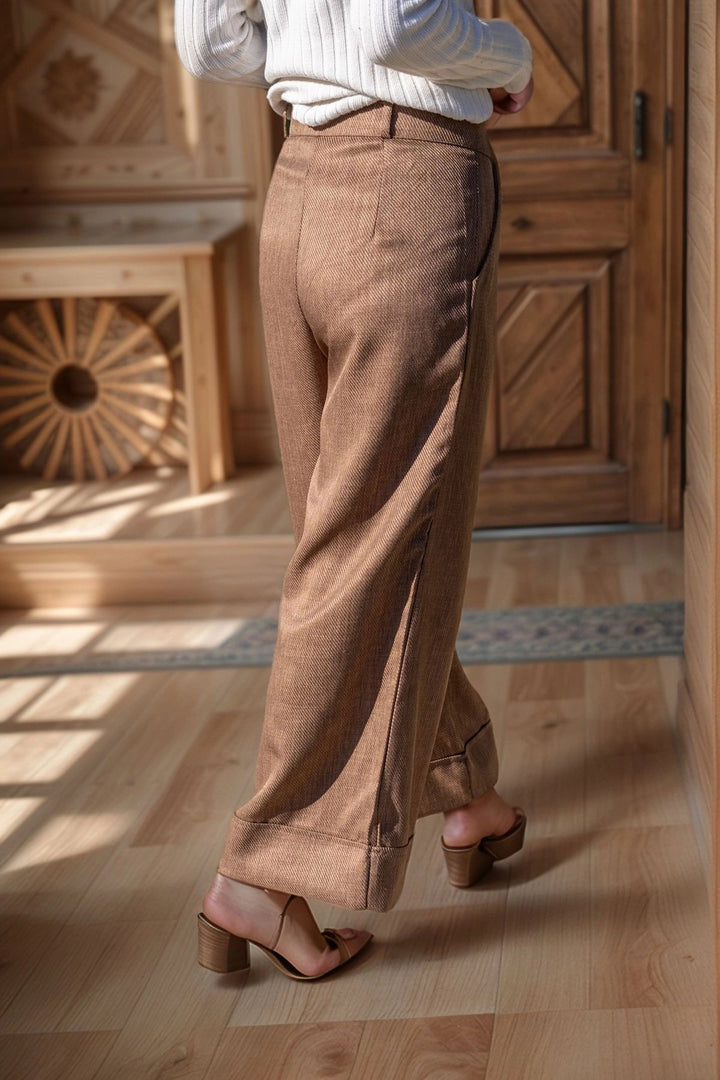 Coffee Self-Textured Double Cuff Pleated Wide Leg Pants BCBSK-25700-3309 - Wenatchee