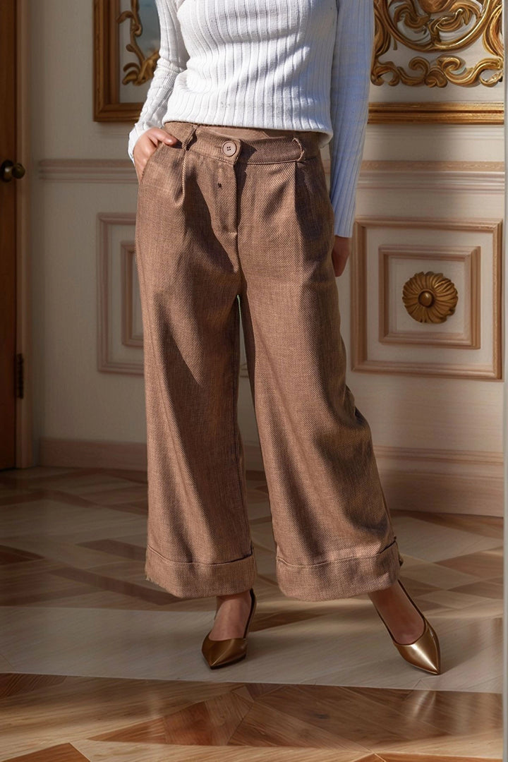 Coffee Self-Textured Double Cuff Pleated Wide Leg Pants BCBSK-25700-3309 - Wenatchee